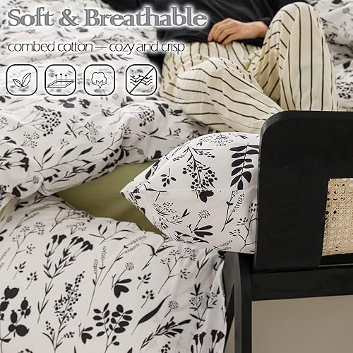 Miniatura 4 de FADFAY Juego de funda de edredón en blanco y negro, ropa de cama floral, tamaño matrimonial, 100% algodón, funda de edredón botánica para niños,