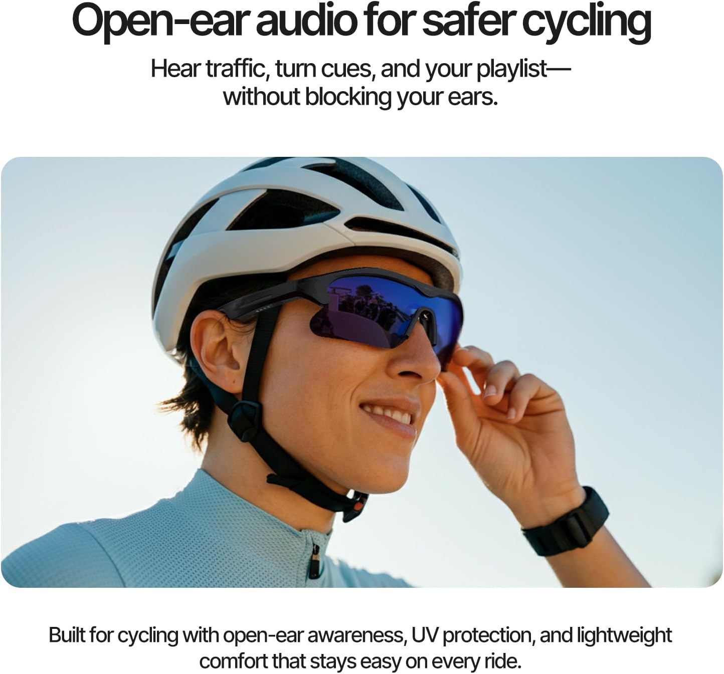 Cycling Bluetooth Glasses with Open-Ear Hi-Fi Audio, AI Noise-Canceling Mic, UV400 Protection, IPX4 Waterproof, All-Day Battery, Ultra-Light 40g, Wind Noise Reduction, for Biking, Running & Scootering