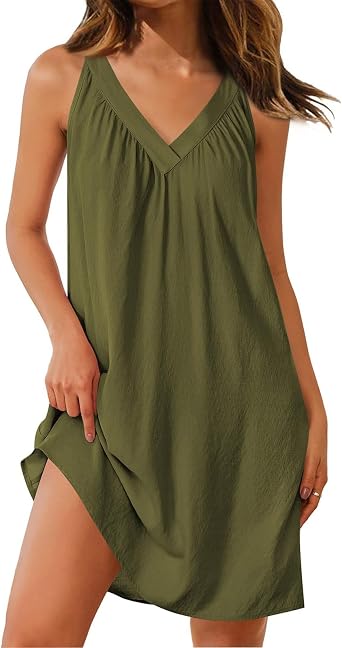 Cotton Nightgowns for Women Sleeveless Soft Lightweight Sleep Dress Summer Comfy Pleated V Neck Night Dress