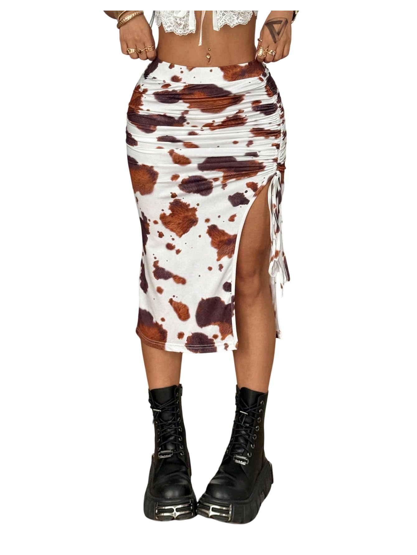 Verdusa Womens Animal Print Drawstring Thigh Slit Bodycon Skirt Elegant Ruched Long Skirts