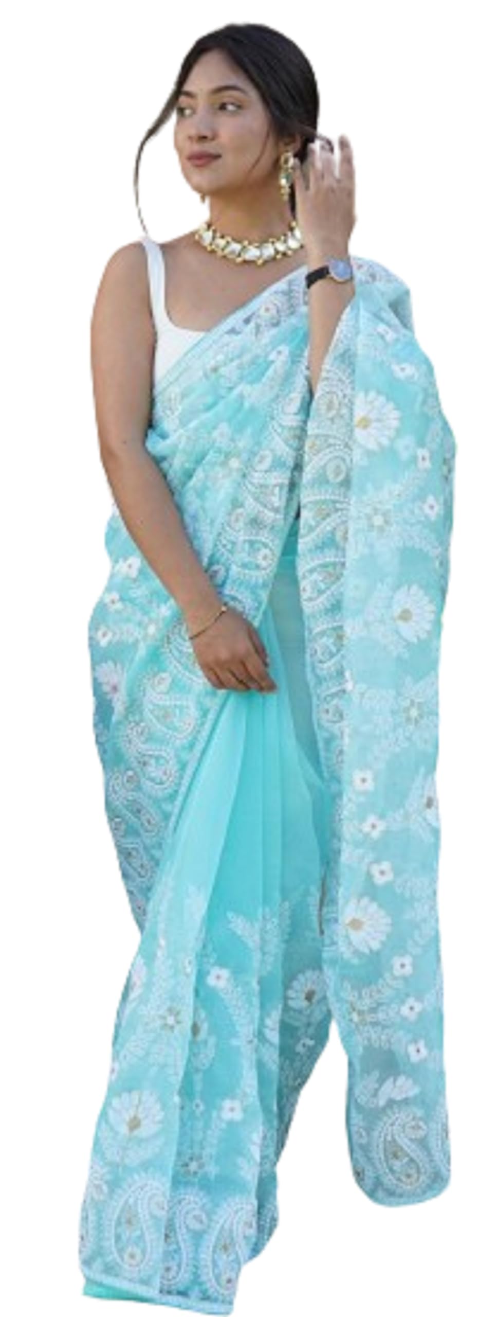 RANGOLI ART Saree For Womens And Girls Soft pure Organza saree With zari motif all over is chikankari loveliness sky blue color saree