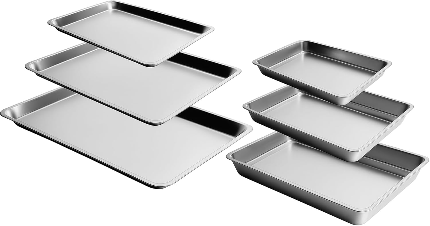 6-Piece Baking Pan Set, 304 Stainless Steel, Mixed Depth 1-Inch & 2-Inch, Oven Safe to 450°F, Corrosion-Resistant, Easy to Clean, Stackable, Includes 16-Inch, 12-Inch, and 9-Inch Sizes