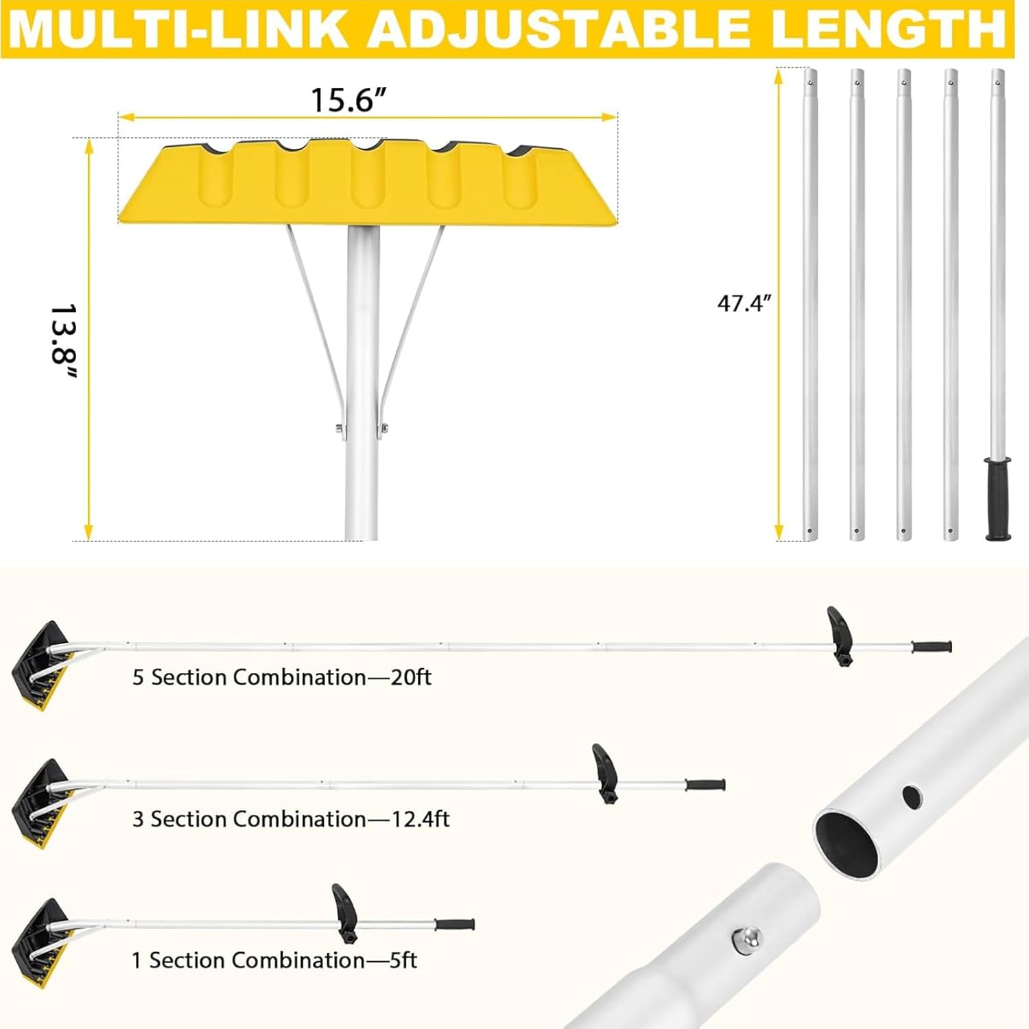 Adjustable Length Roof Snow Tool with 16 Inch Rubber for Safe and Efficient Removal from Roofs Vehicles and Panels Needle and Scuffle