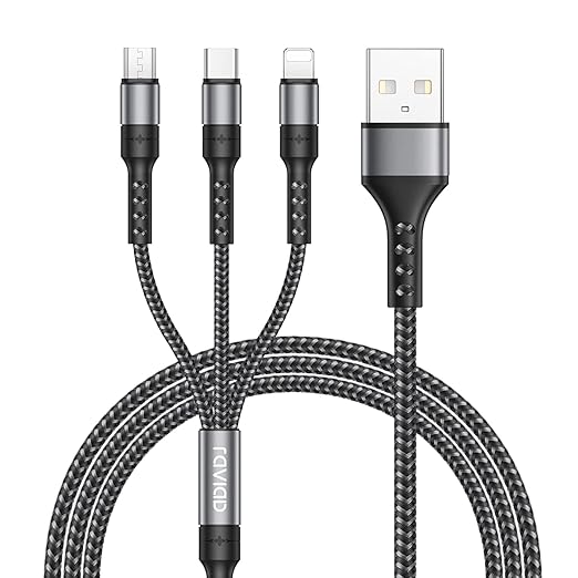 RAVIAD Câble Multi USB, 3 en 1 Câble Universel [1.2M] Multi USB Câble de Chargement en Nylon avec Micro USB Type C Lightning Câble pour iPhone, Samsung Galaxy S23, Huawei, Honor, OnePlus- Gris