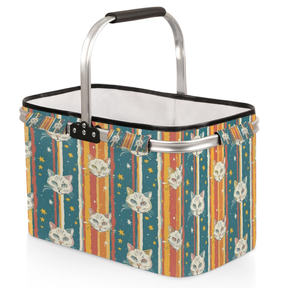 Tablerazzi Cat Folding Picnic Basket Large Reusable Shopping Basket Cute Collapsible Grocery Bag with Handle Aluminum Frame Market Basket