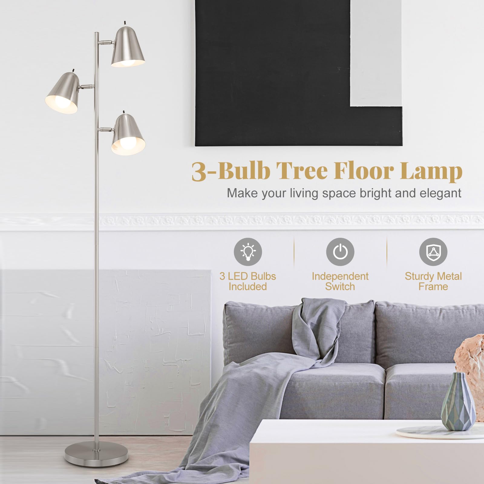FANTASK 163cm Stehlampe, Lesestehlampe mit 3 E27 Glühbirnen & 360° verstellbaren Lampenschirmen & schwerer Fuß, Retro Stehlampen für Wohnzimmer, Schlafzimmer, Büro (Silber)
