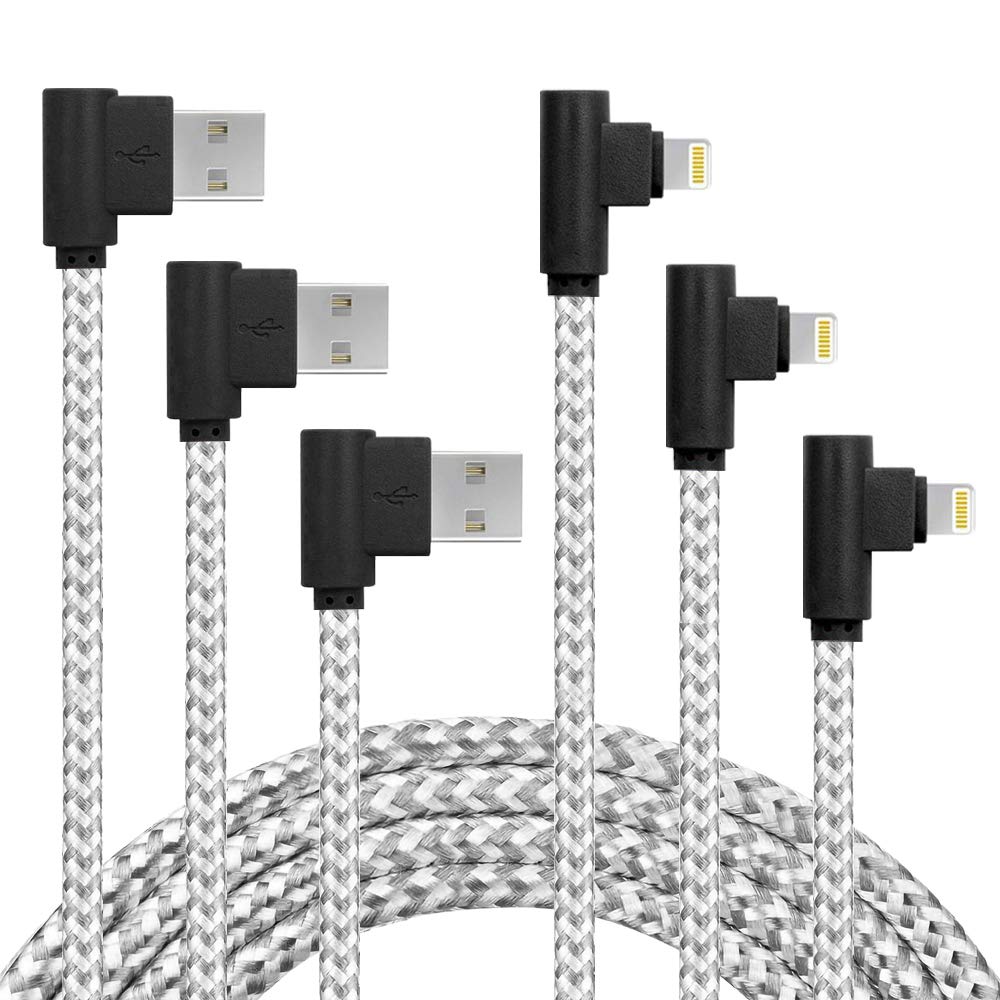 APFEN90 Degree Gaming Charging Cord, 3 Pack /2M 90 Degree Elbow Game Video Watching Compatible With Phone Charger X/8/8Plus/7/7Plus/6S/6S Plus/Se/Pad/Nan And More 6FT Gray WhiteClimatePartner certified