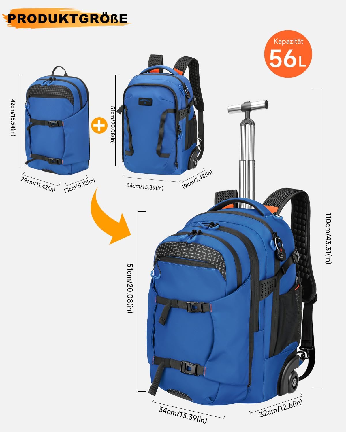 2-in-1 Detachable Rolling Backpack & Daypack, 56L Large Backpacks with Wheels Fits 17 Inch Laptop, Water Resistant, Carry On Luggage for College, Travel, Camping, Hiking Blue image 4