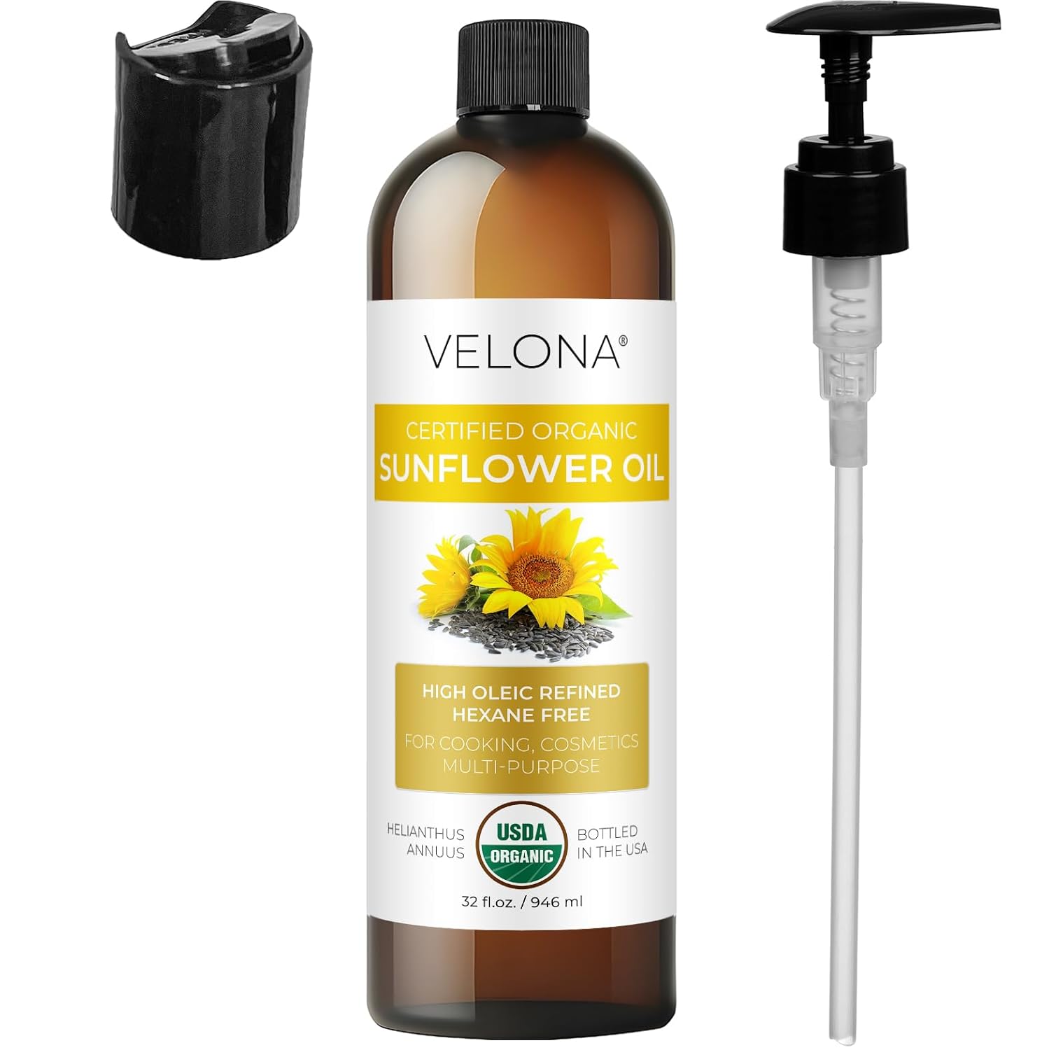 velona USDA Certified Organic Sunflower Oil - 32 Fl Oz | 100% Pure and Natural Carrier Oil | High Oleic, Refined| Cooking, Skin, Hair, Body & Face Moisturizing