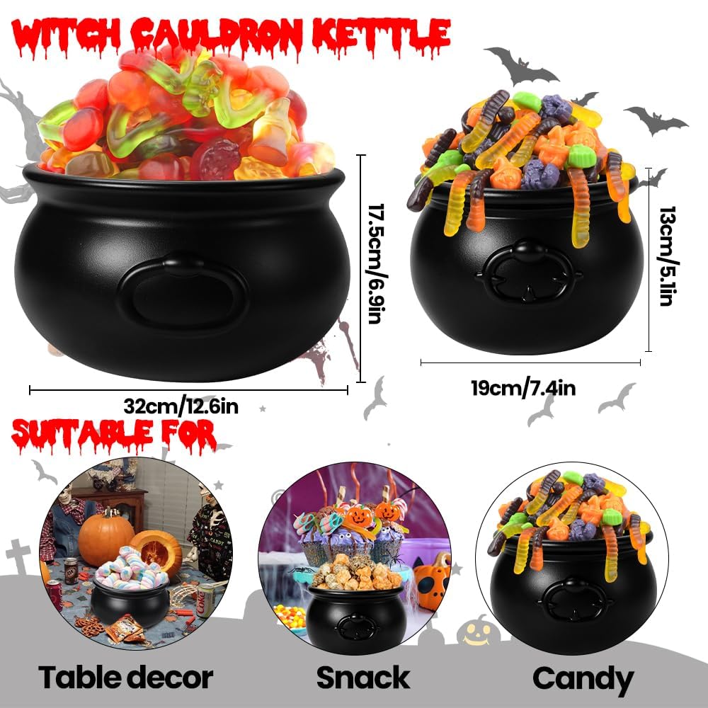 JOISHOP 2 Stück Großer Hexenkessel Kunststoff Schwarz mit Griff für Halloween (32cm und 18,8cm)