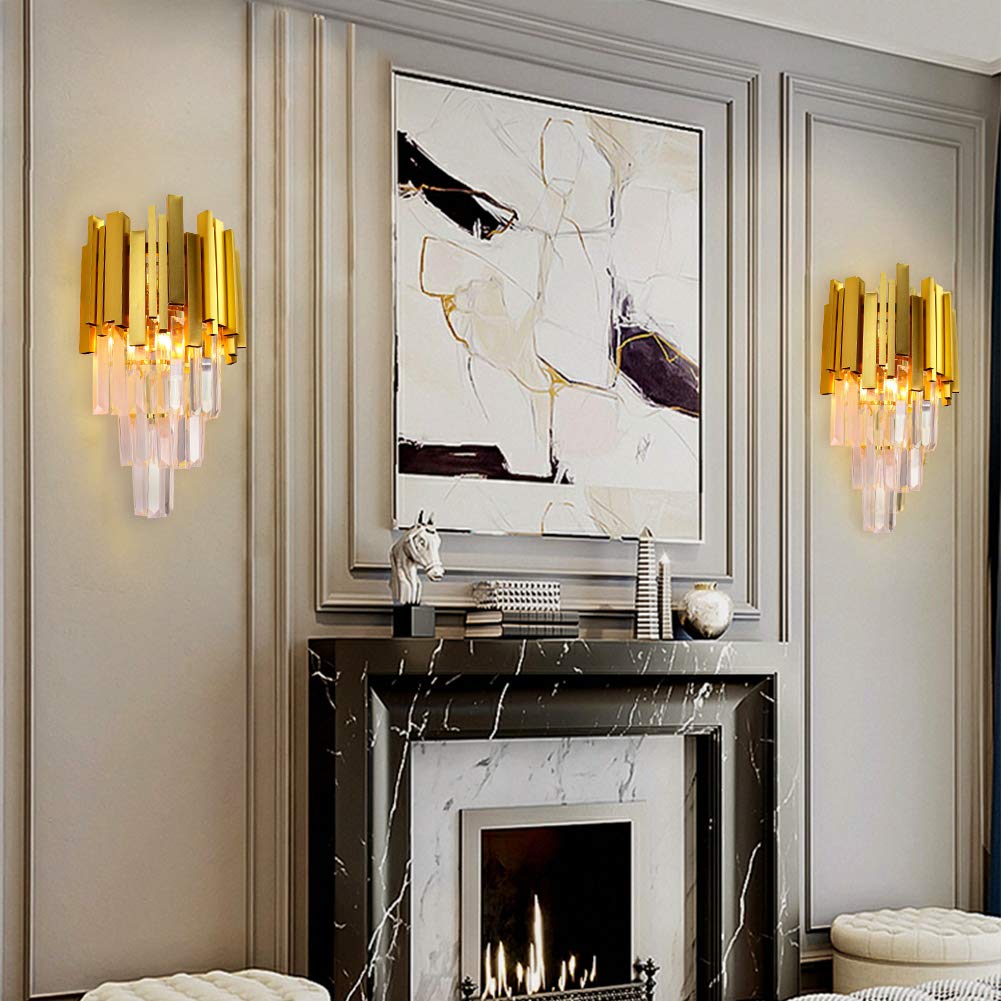 FRIXCHUR Crystal Wandleuchte Gold Square - Nachttischlampe Kristall Nachtlicht für Schlafzimmer, Badezimmer, Flur, Wand Dekor, Treppe, 2*E14