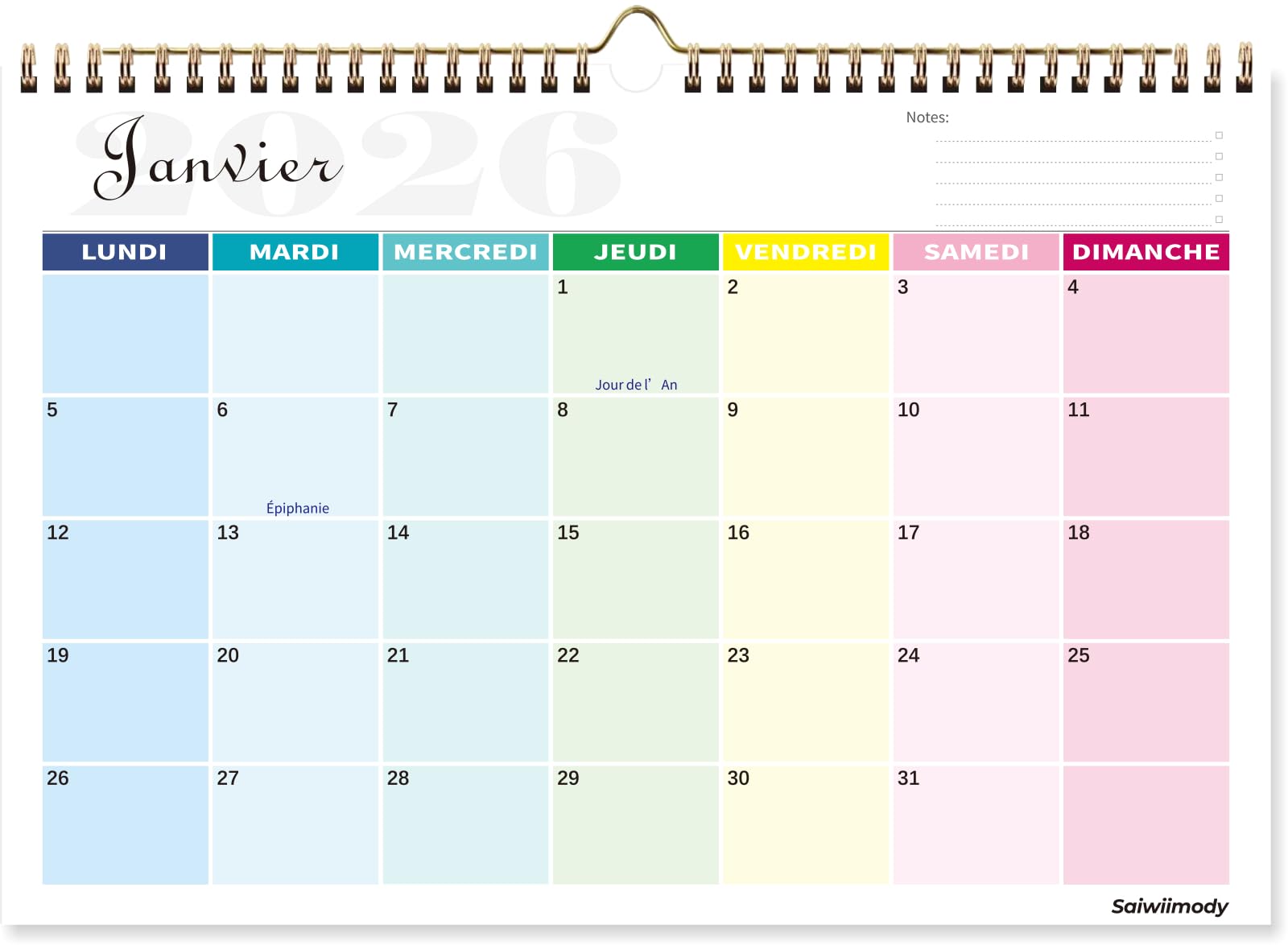 calendrier mural coloré 31x21cm