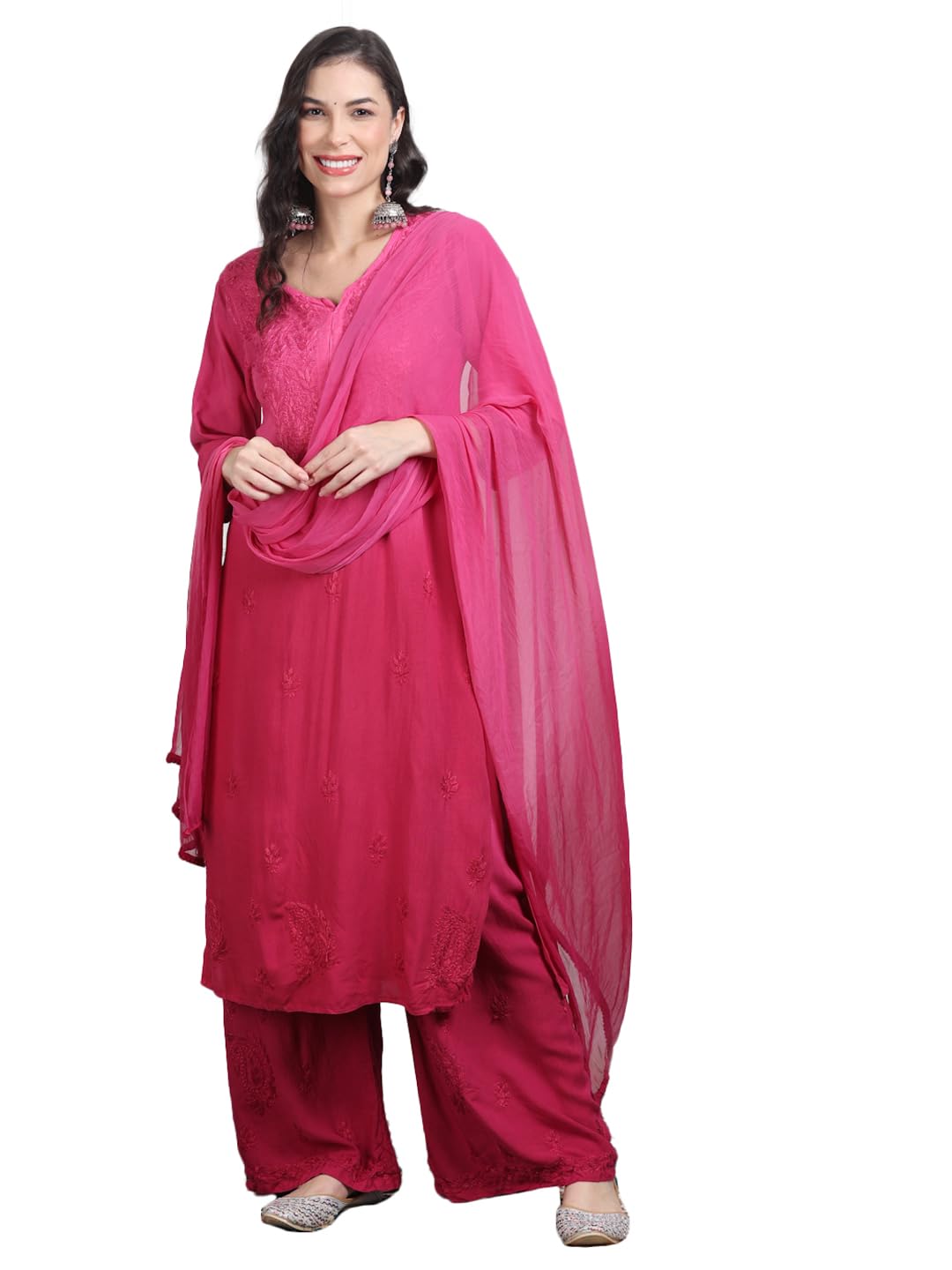 Women's Lucknowi Chikankari Hand Embroided Rayon Dyed Kurti, Palazzo And Dupatta 3 Piece Set-picture-58