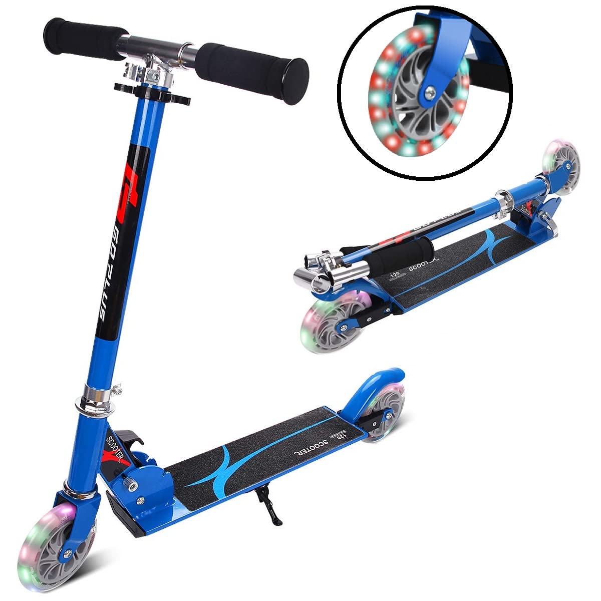 GOPLUS Monopattino Pieghevole, 3 Altezze Regolabili, per Bambini 4-13 Anni, 2 Ruote Luminose, Freno a Pedale, in Alluminio, Portata 70 kg, 31x70x63-87cm, Blu