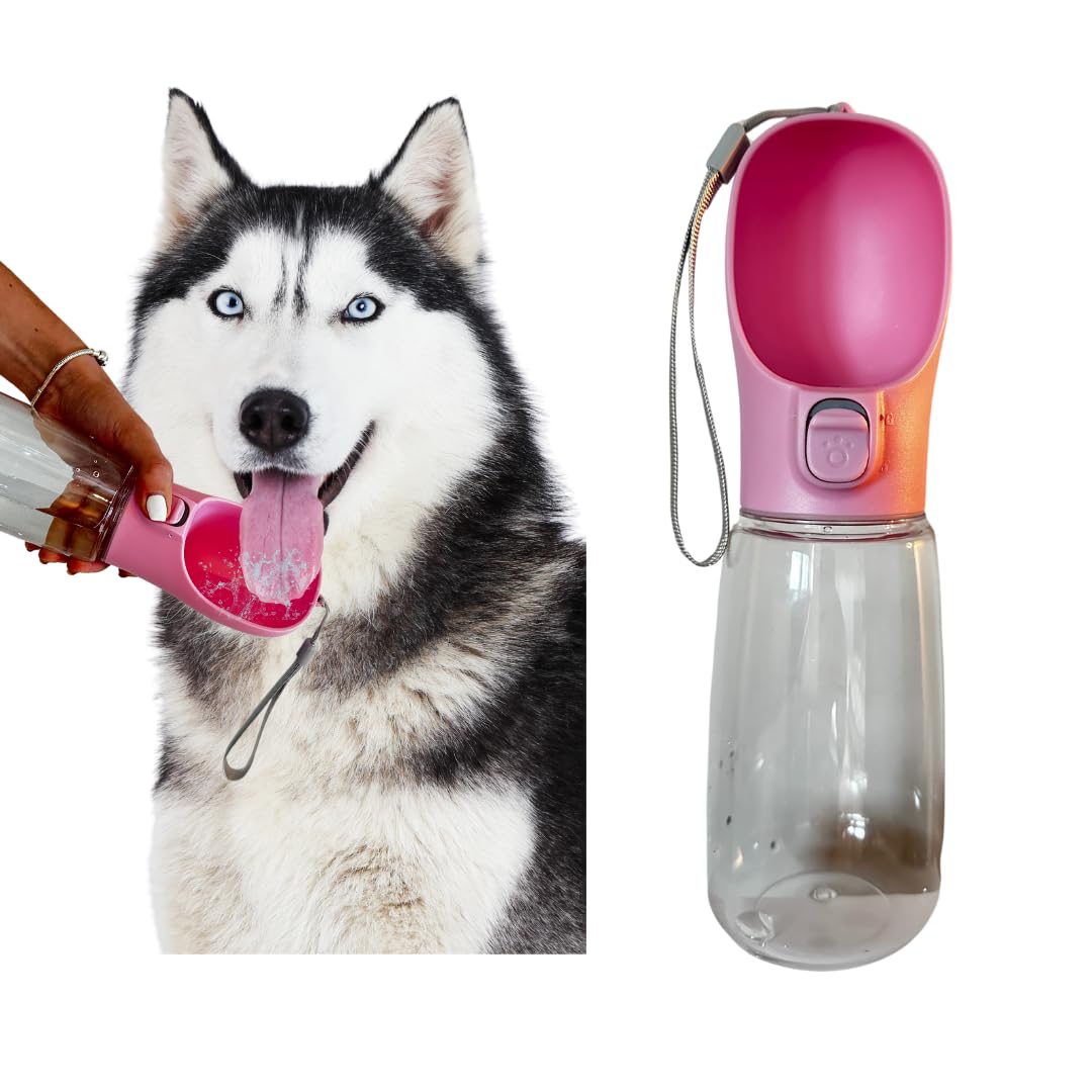 Dog Water Bottle – Portable Leakproof Design with Built-in Drinking Bowl, Perfect for Walks and Outdoor Adventures (Pink,18oz)