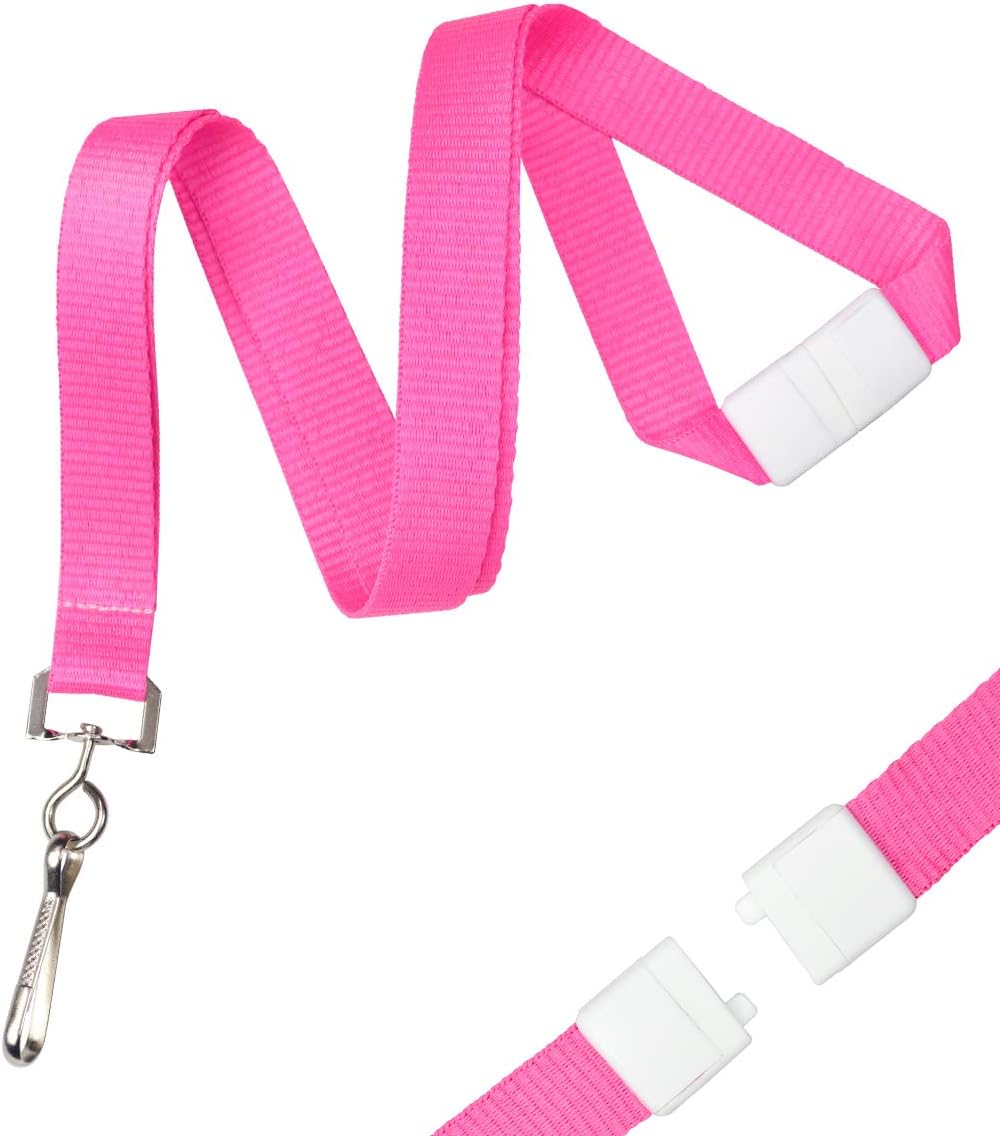 Specialist ID Bulk 100 Pack - Bright Wide Neon Pink Lanyards for Name Badges with Safety Breakaway Neck Clasp & ID Badge Holder J Clip - High Visibility Neon for Name Tag, Keys, Cruise, Student ID