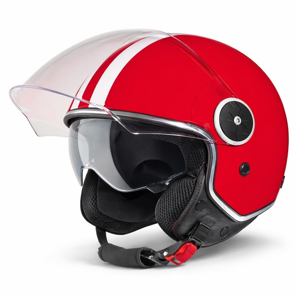VINZ Arenas Jethelm mit Doppelvisier | Roller Helm mit Streifen & mit Sonnenblende | In Gr. XS-XXL | ECE 22.06 Zertifiziert | Motorradhelm mit Visier | Viele Farben Erhältlich