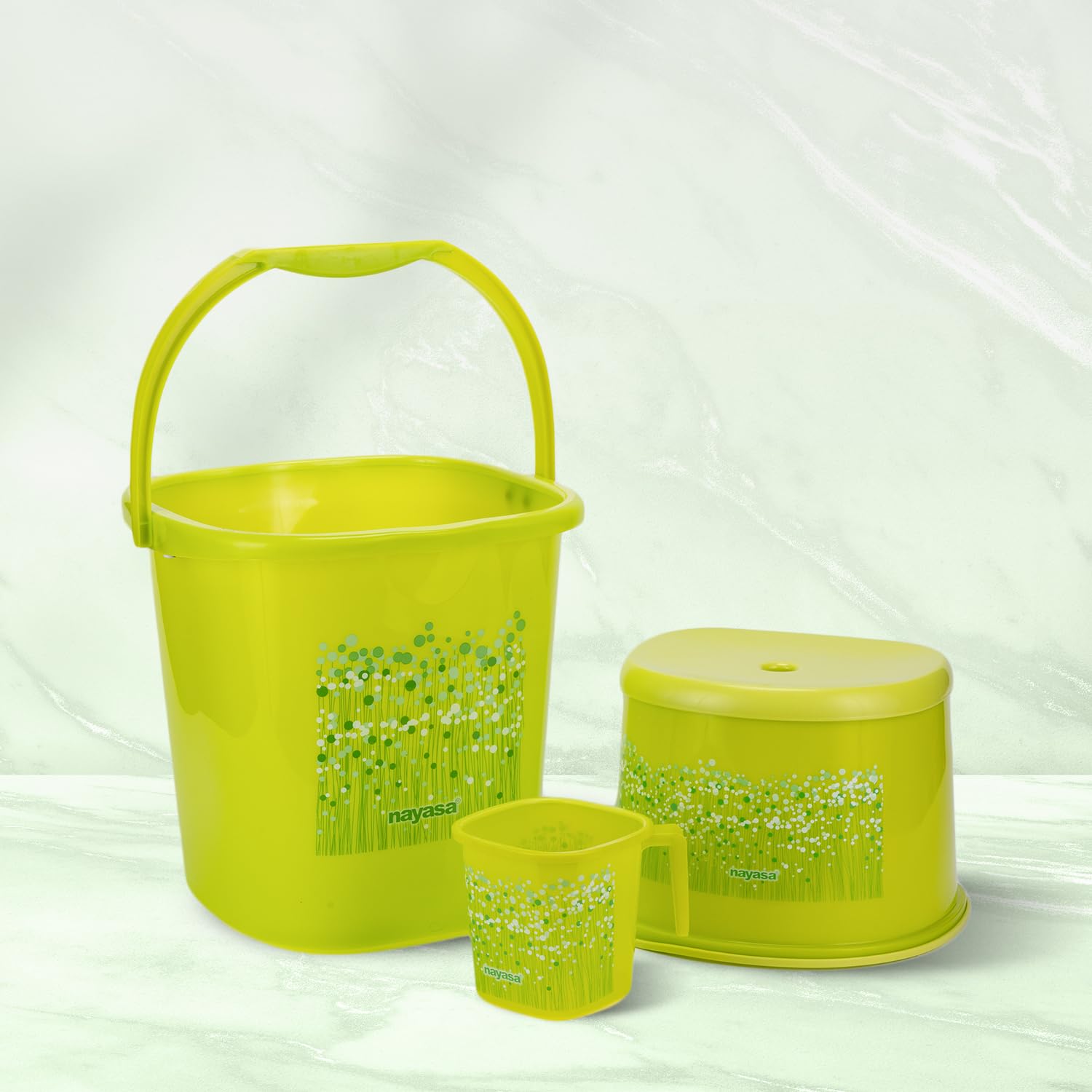 Nayasa Square Ring Funk Plastic Set for Bathroom | 25 Liters Bucket & 1.5 Liters Mug | Bathroom Set of 3 | Bathroom Accessories Set | Bucket and Mug with Stool | Green