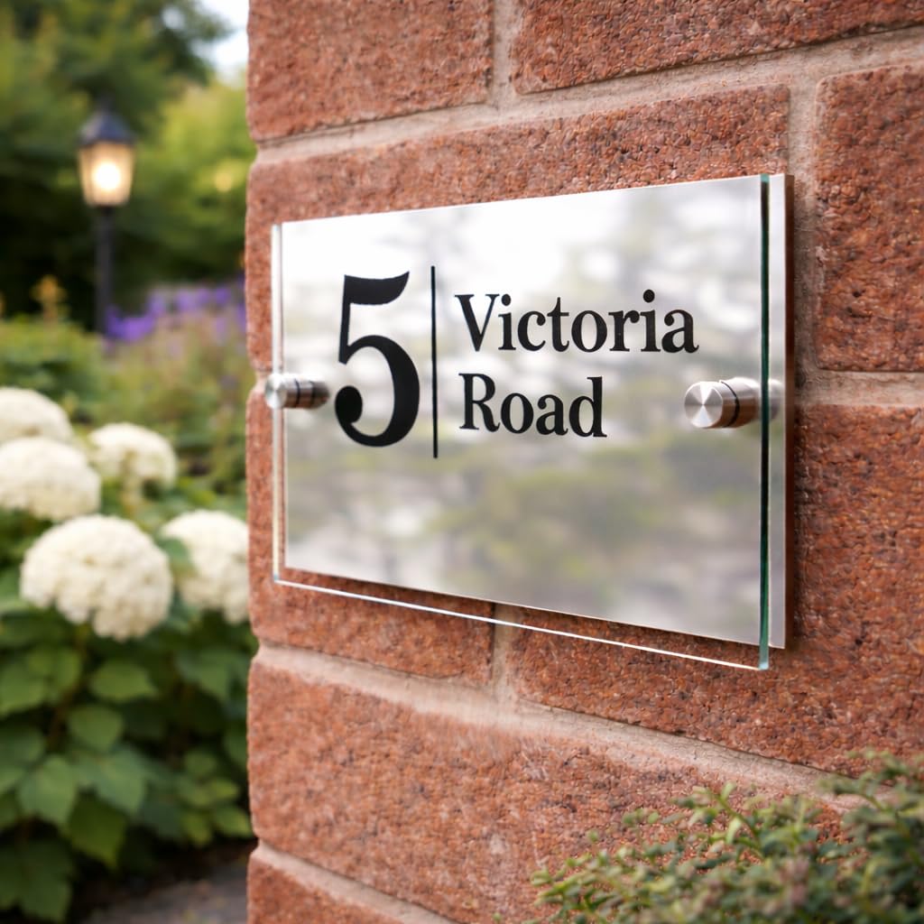 Personalised House Numbers Plaques by Blitz Craft | Glass Effect Acrylic and Silver Mirrored Finish | Custom Address Text with Door Numbers for Outside, Weatherproof Design with Fixings (200x130mm)