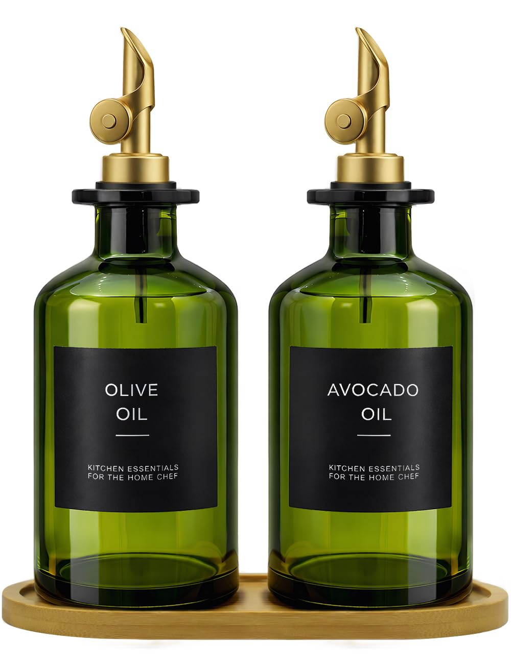 Olive Oil Dispenser Set, 2 x 11.8oz Deep Green Glass Bottles with Auto-Flip Spou
