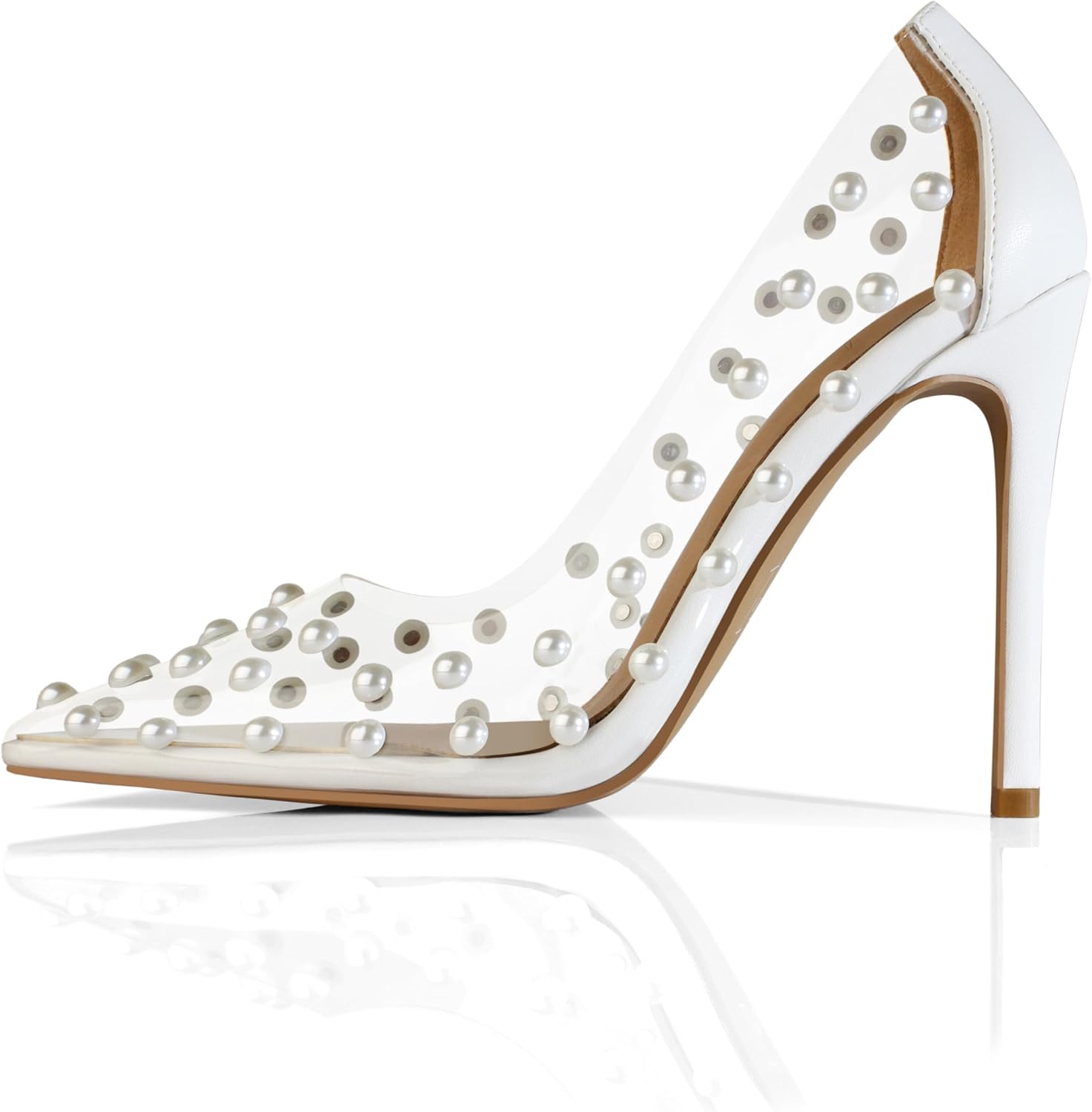 iadore Women's Pumps,11cm Pointed Toe Women High Heel Shoes Fashion Pearl Studded PVC Clear Heels Party Dress Pump Shoes - Image 3