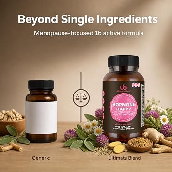 Hormone Happy Menopause Supplement for Women - 16 Active Ingredients - Energy, Hormonal Activity & Psychological Function - 60 Vegan Capsules - Red Clover & Sage Leaf - Daily Formula for Perimenopause