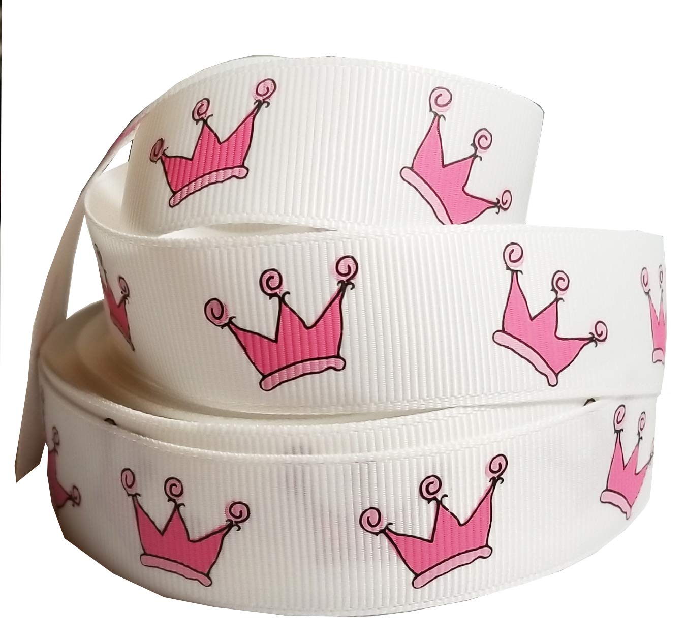 Q-YO Printed Ribbon for Crafts - for Gift Package Wrapping, Hair Bow Clip Accessories Making, Crafting, Wedding Decor. (20yd 7/8" Princess Crown Grosgrain Printed Ribbon-White/Hot Pink)