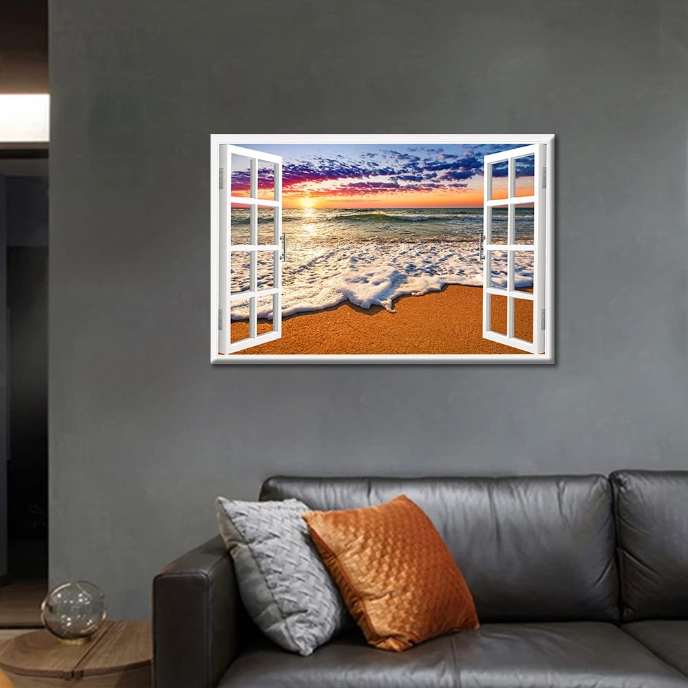 3D Open Wooden Window View Canvas Wall Art Tropical Beach Sunset Picture for Living Room Kitchen or Bedroom Modern Art wall Decor Seascape Ready to Hang(16x24in) - Image 2