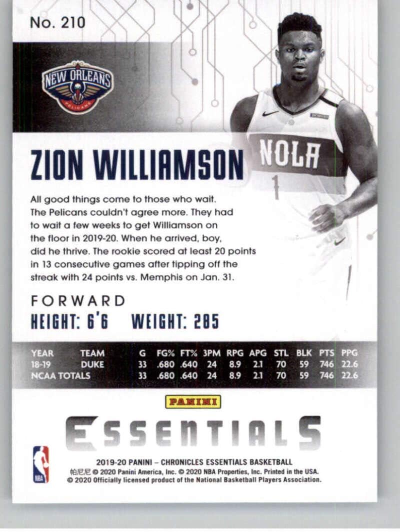 2019-20 Panini Chronicles Essentials Basketball #210 Zion Williamson New Orleans Pelicans Official NBA Trading Card From Panini America