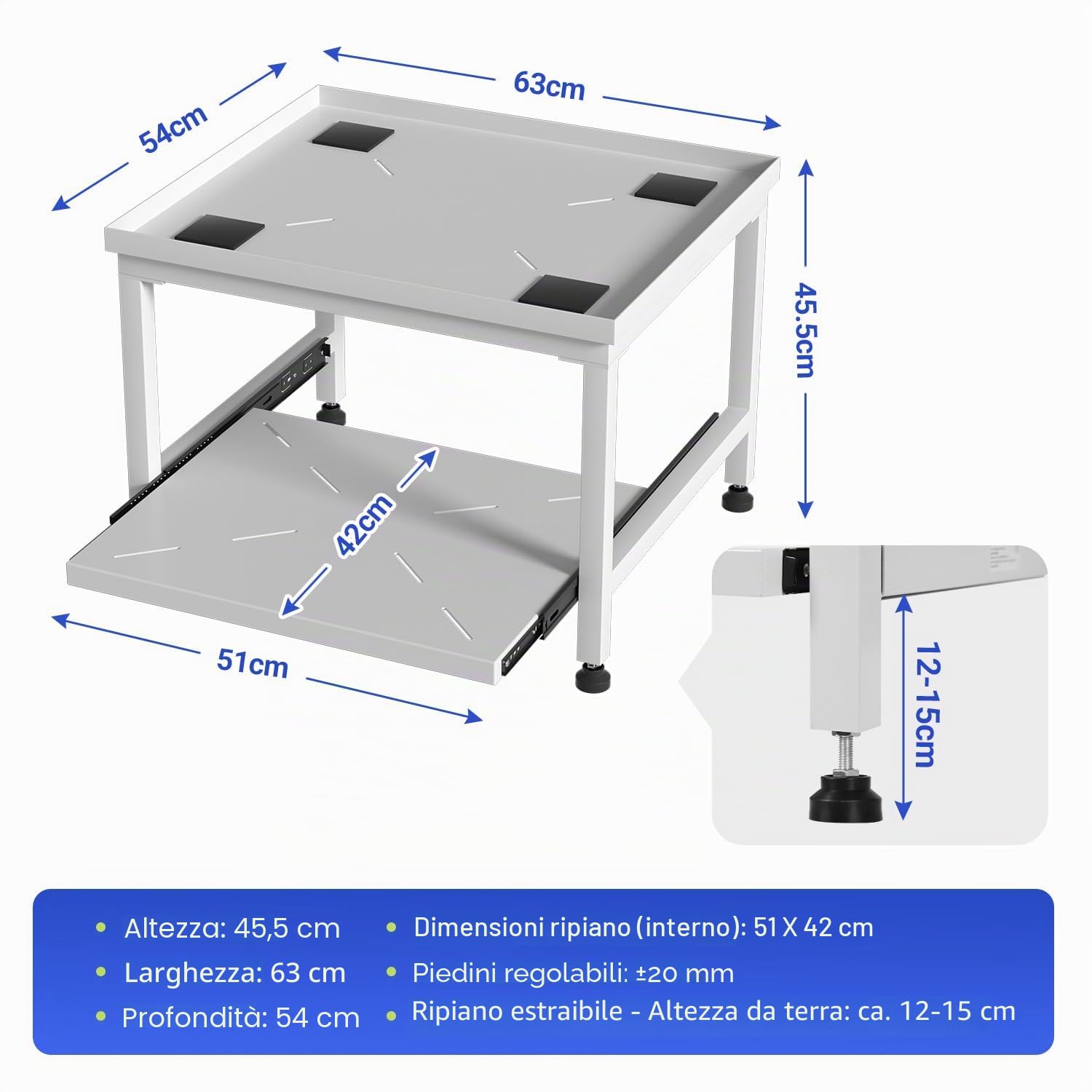 Herrselsam Base per lavatrice con cassetto, altezza 45,5 cm, portata 200 kg, supporto per dispositivi con piedini regolabili e cuscinetti antivibrazione, piedistallo per asciugatrice, frigorifero