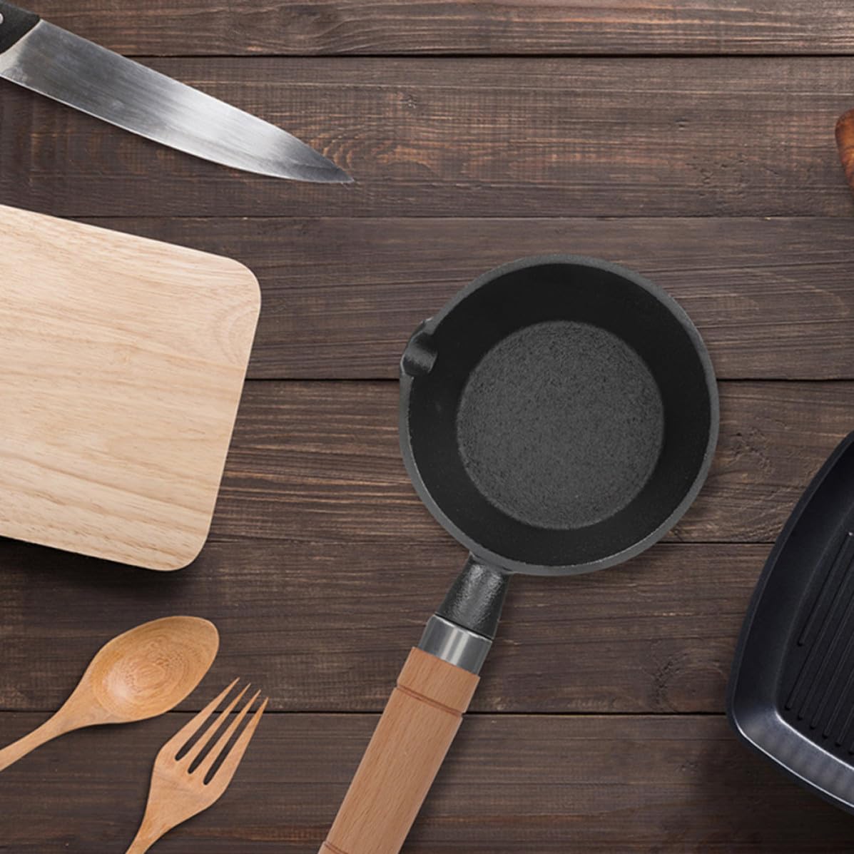 UKCOCO Gusseisen Topf mit Holzgriff 2 Stück 11cm Durchmesser 5cm Höhe für Indoor Küche und Restaurant Backen und Kochen Öltopf und Butterpfanne