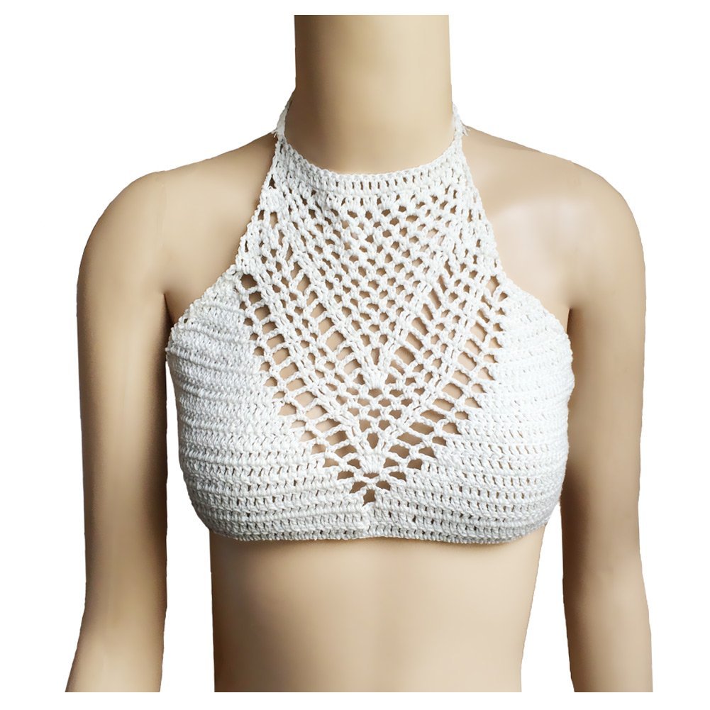 Sexy Women Crop Top Beachwear Crochet Boho Beach Bikini Bralette Top Halter Cami Knitted Bra Hollow Tank White