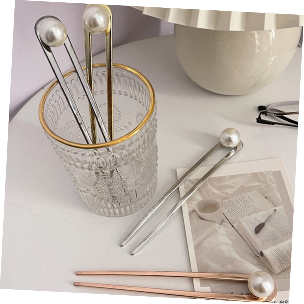 FRCOLOR 8 Pz A Forma di U Forcina Perline Per Capelli Bacchette Di Perline Chignon Ago Sposa Forcella Di Perline Capelli Per Le Donne Nodo Miss Muffin Lega Semplice