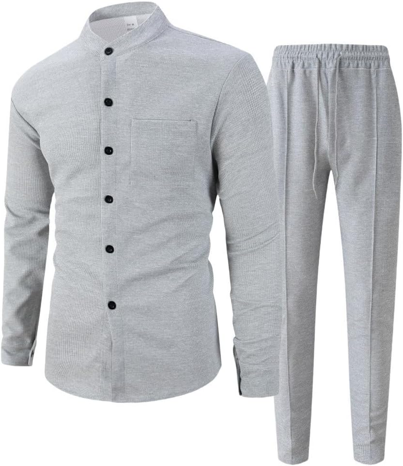 Men's Clothing Stand Collar Buttoned Weave Linen Two Piece Suit, Long Sleeve Button Down Shirt and Pants Set