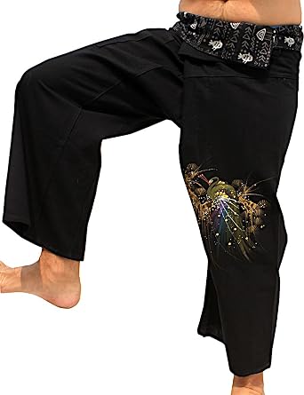 RaanPahMuang Warm Cotton Fisherman Pants Belt Art and Handpainted Peacock Black szM