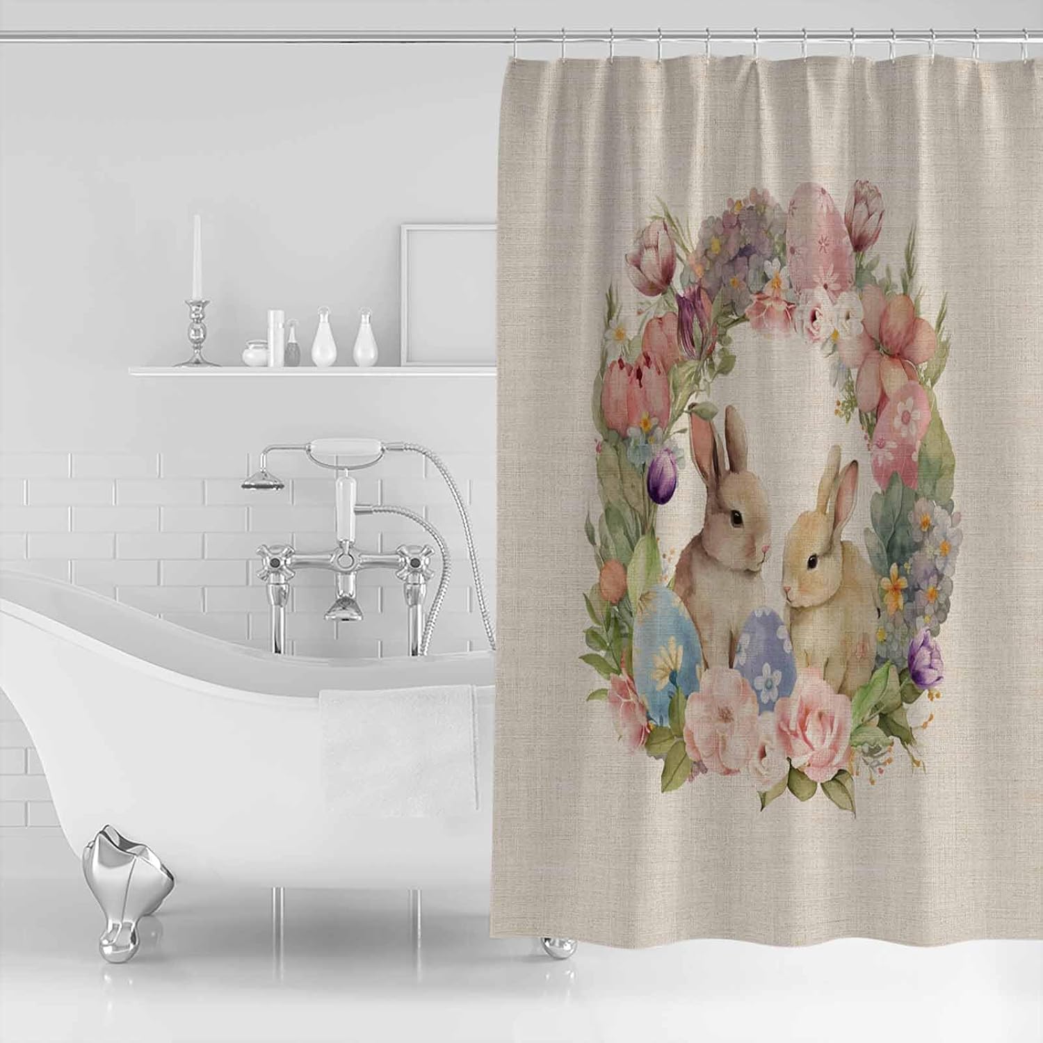 Easter Shower Curtain for Bathroom 66" x 72", Colorful Flowers Wreath Rabbit Easter Eggs Linen Texture Shower Curtain with Hooks Polyester Waterproof Home Bathtub Decor