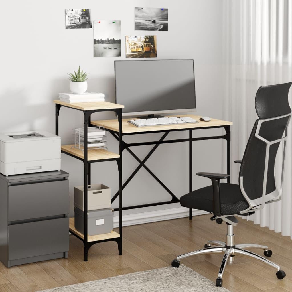 Scrivania con ripiani Quercia 105x50x90cm Legno Ingegneria E Ferro | 3 ripiani portaoggetti, grande superficie di lavoro, stile industriale, telaio in ferro stabile, per ufficio o casa