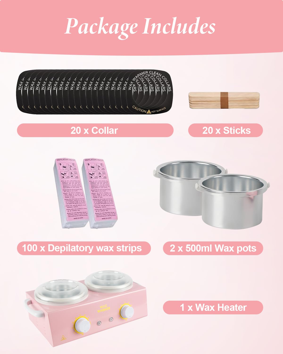 Riscaldatore di cera professionale doppio, 220 V 200 W, scaldacera per depilazione, scaldacera da 1000 ml, con 20 bastoncini, 20 collari e 100 strisce di cera, per saloni, spa e uso domestico (rosa)