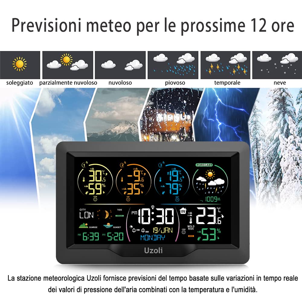 Uzoli Stazione Meteo con 3 sensori termometro igrometro interno esterno orologio radiocontrollato previsione del tempo pressione aria alba tramonto maree fase lunare rischio muffa EM3390