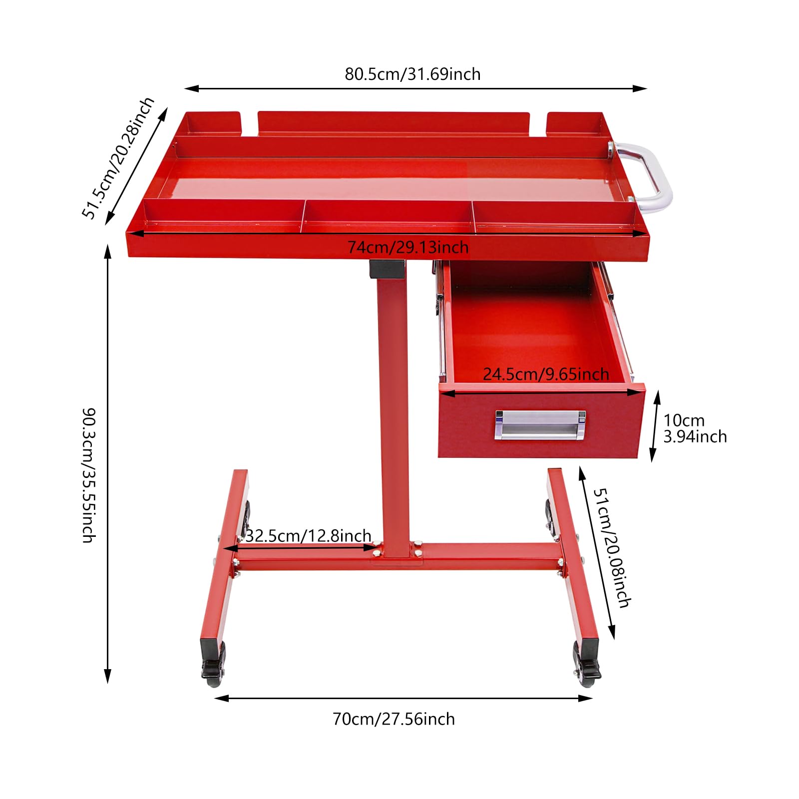 Banco de trabajo móvil, mesa de montaje con bandeja para herramientas, mesa de trabajo multifuncional de hasta 100 kg, para el garaje, reparación, taller, hogar, bricolaje (rojo)