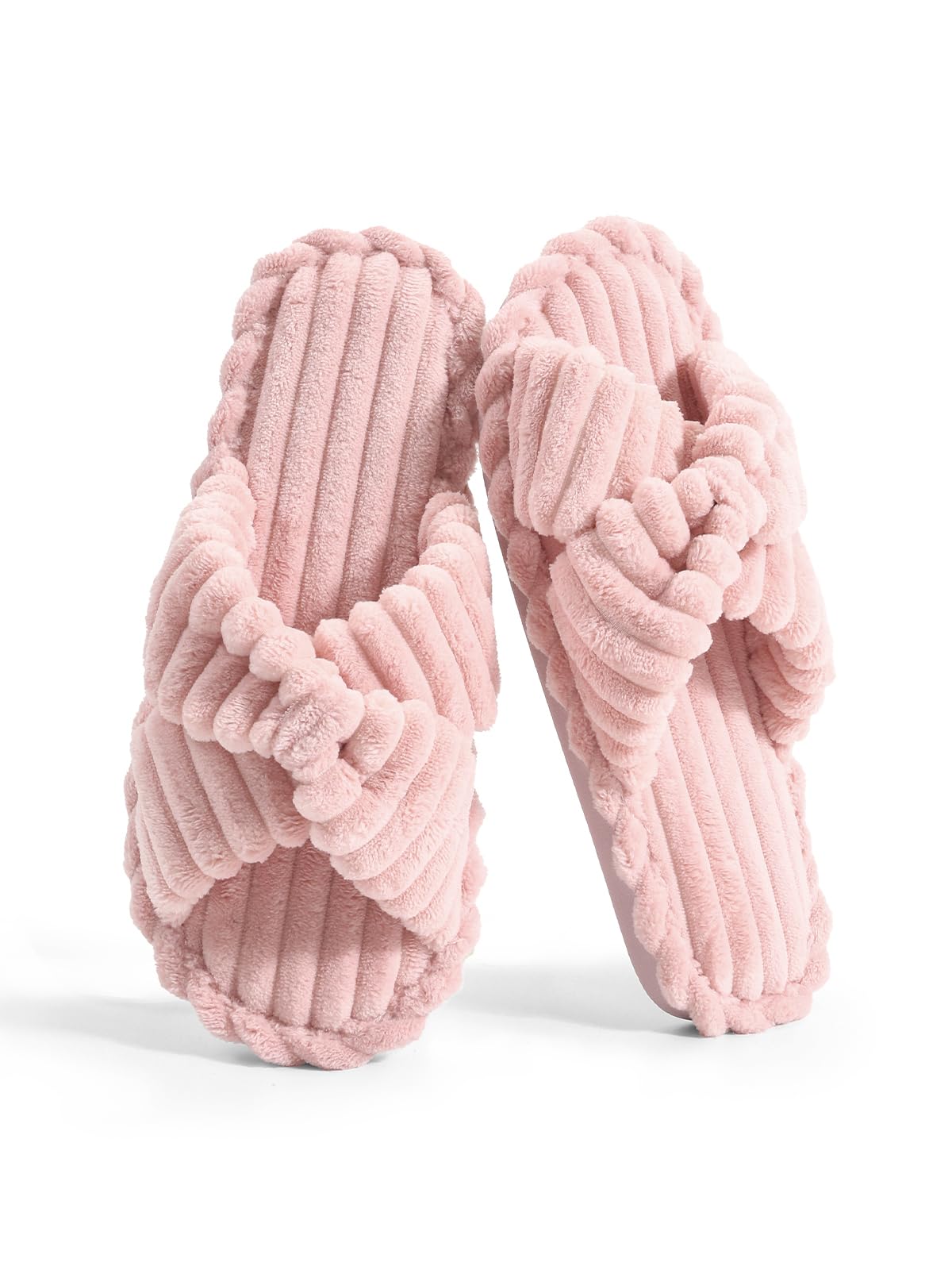 Xelky Indoor Slippers for Women House Open Toe Slipper Comfortable Corduroy Cross Bands Bedroom Shoes Fuzzy