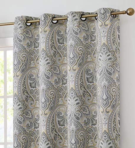 HLC.ME Paris Paisley Decorative Print Damask Pattern Thermal Insulated Blackout Energy Savings Room Darkening Soundproof Grommet Window Curtain Panels for Bedroom, Set of 2 (50 x 84 Long, Grey/Yellow)