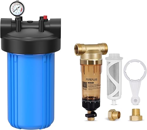PUREPLUS Carcasa universal para filtro de agua para toda la casa, cartucho de sedimentos de 10 x 4.5 pulgadas, con filtro de agua de sedimentos