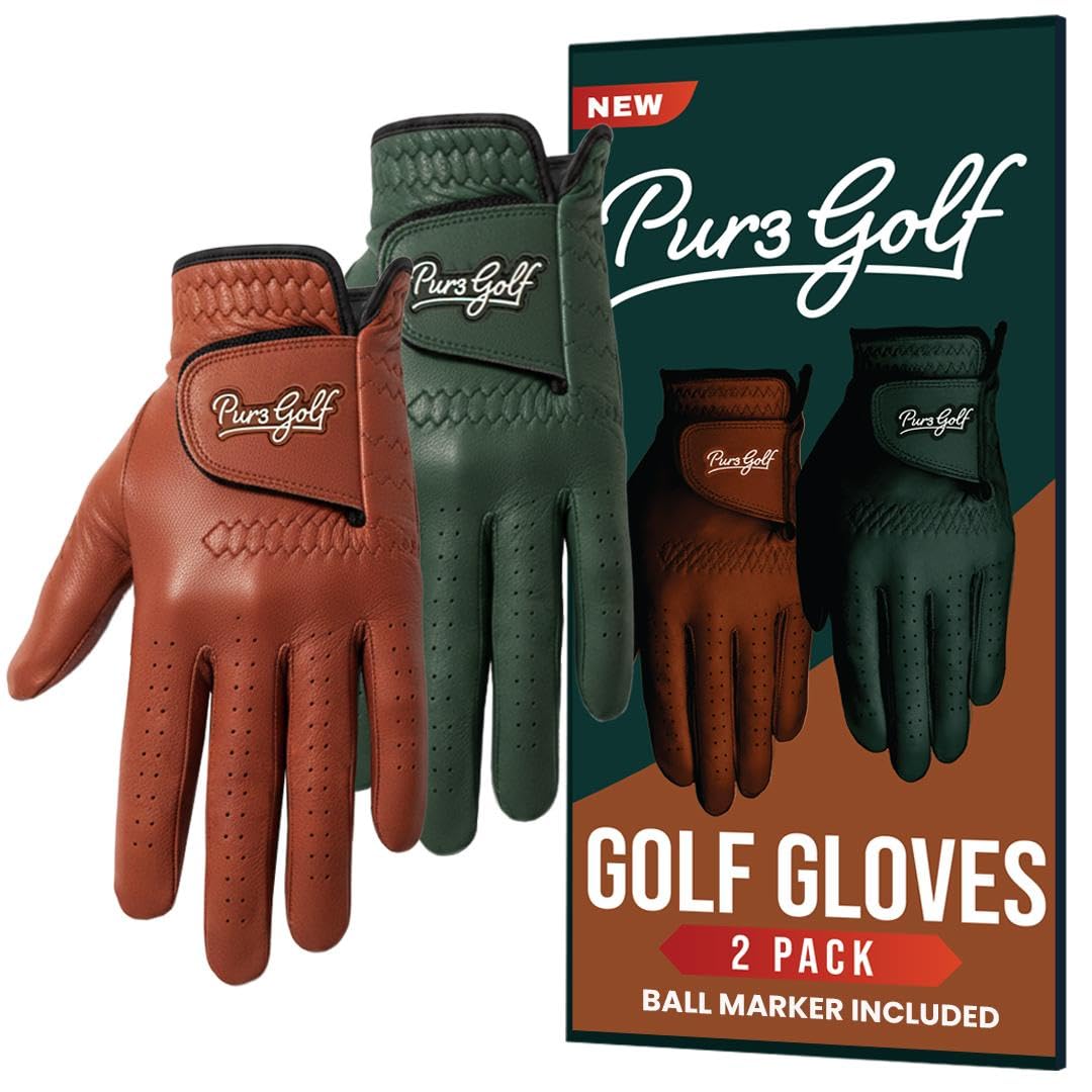 PUR3 Cabretta Leather Golf Gloves Men | 2 Pack Heritage Collection | Includes Ball Marker | Golf Glove Men Left Hand and Right Hand
