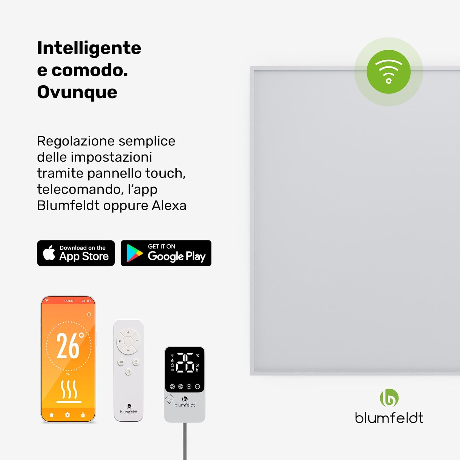 Blumfeldt Ogrzewanie ścienne na podczerwień 360W – Montaż ścienny, Zewnętrzny termostat, Sterowanie aplikacją, 95% efektywności, Do 6-10 m², Aluminium, Zabezpieczenie przed przegrzaniem, Łazienka