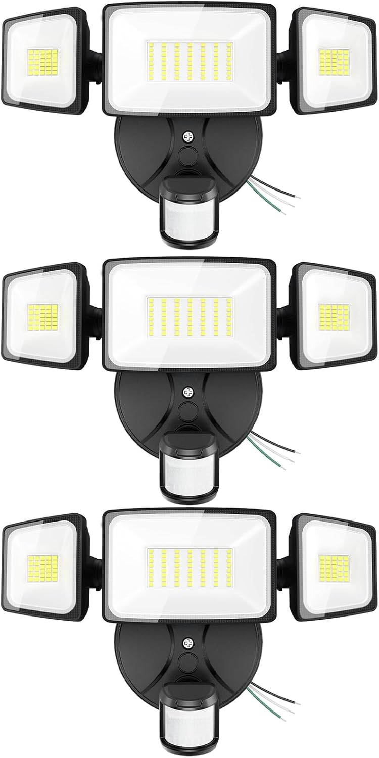 Onforu 3 Pack 75W Movement Sensor Outside Lights, 7000lm Nightfall to Daybreak Flood Mild, LED Safety Mild with 3 Head, IP65 Waterproof Exterior Floodlight, 6500k Wall Mild for Entryway Stairs Yard Storage