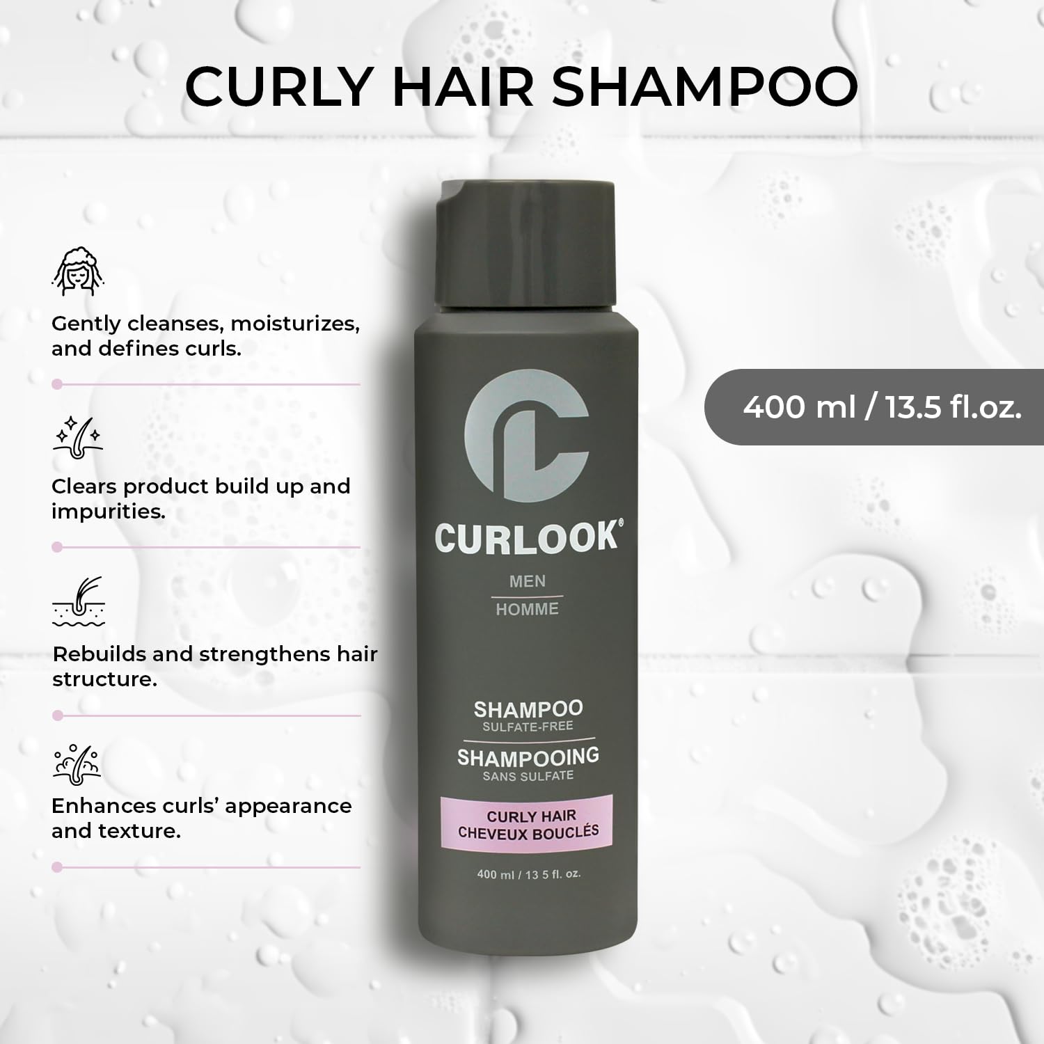 Curly Hair Shampoo for Men - Sulfate Free - 400ml (13.5 oz) - For daily use to enhance curls texture | Made in Canada
