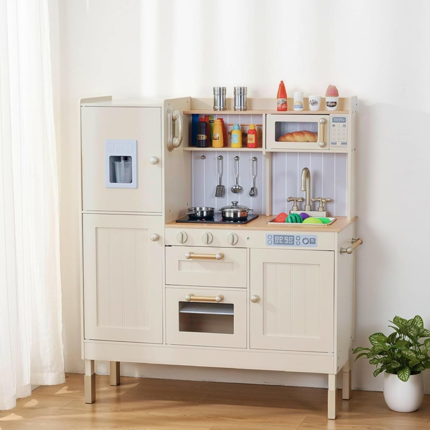 Arlopu Play Kitchen for Kids, Wooden Toy Toddler Kitchen Sets, Pretend Cooking Playset with Storage & Accessories, Realistic Light & Sound, Stove, Fridge, Microwave, Removable Sink (Beige)