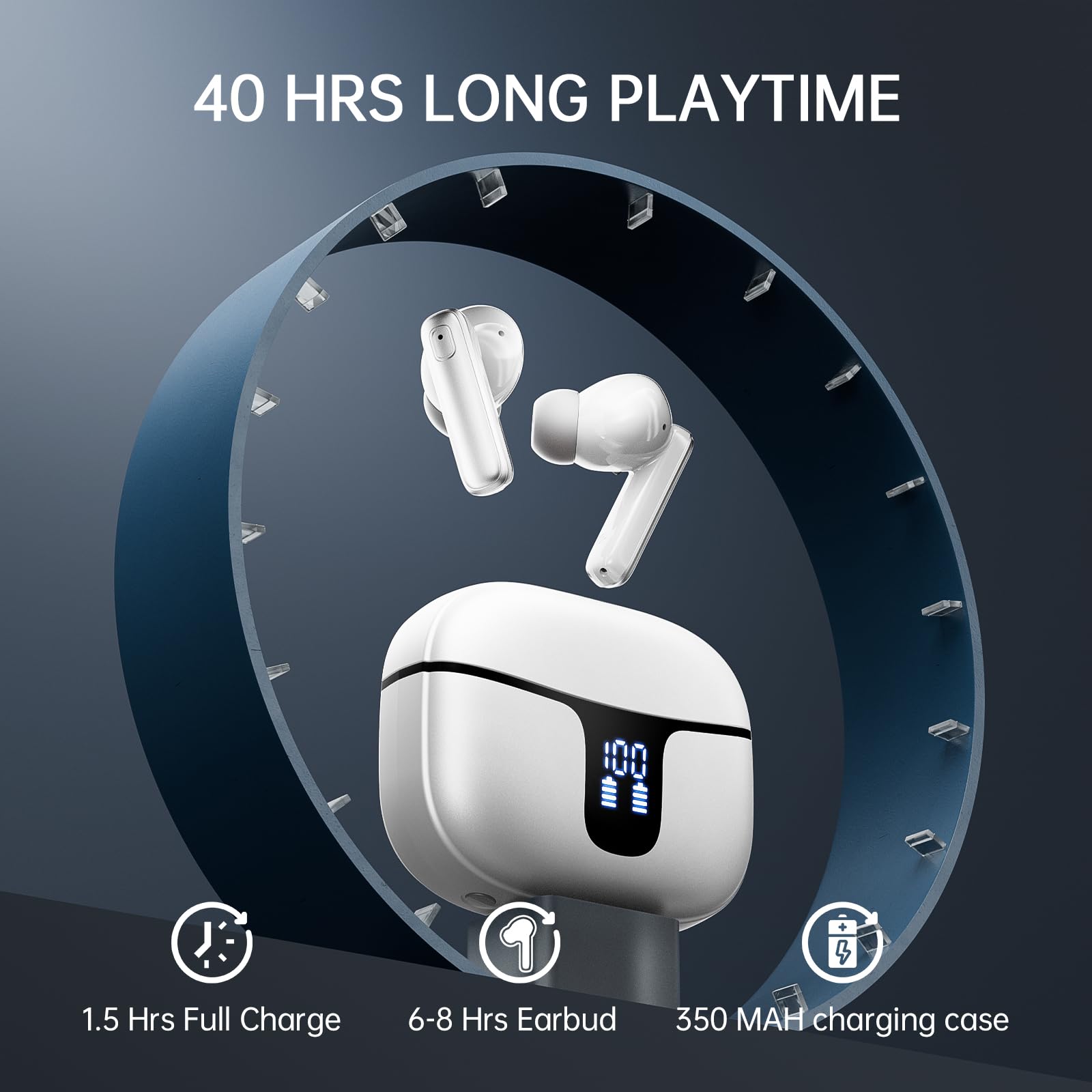 Cuffie Bluetooth, Auricolari Bluetooth 5.3 Stereo HiFi con 4 ENC HD Mic Cancellazione Rumore, Cuffie Wireless Bluetooth 40H LED Display Cuffiette in Ear IP7 Impermeabil, Cuffie Senza Fili USB-C Bianco