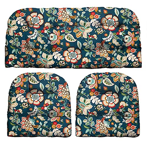 RSH DECOR 3Piece Wicker Tufted Outdoor Chair Cushions for Patio Furniture, Telfair Peacock Blue Loveseat Cushion Set, 41” x 19” Bench & 2 Seat Cushions, Wicker Patio Furniture Cushion, Made in USA